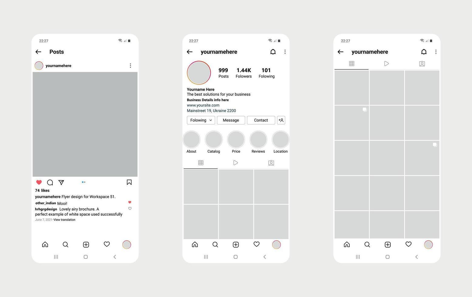 Social networking app UI template. Including Post, profile and grid user interface vector