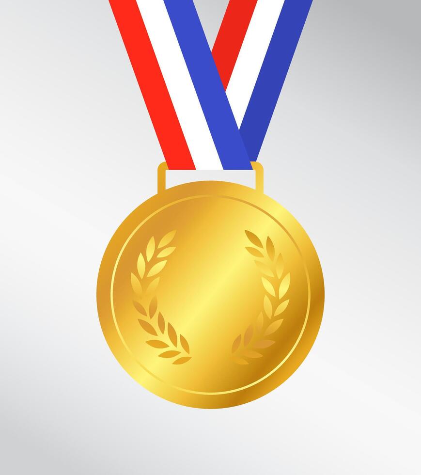 Award medals in gold on isolated on transparent background flat design. Medal with blue and ted ribbon illustration. Realistic trophy metal reward badge for winners, quality certificate vector