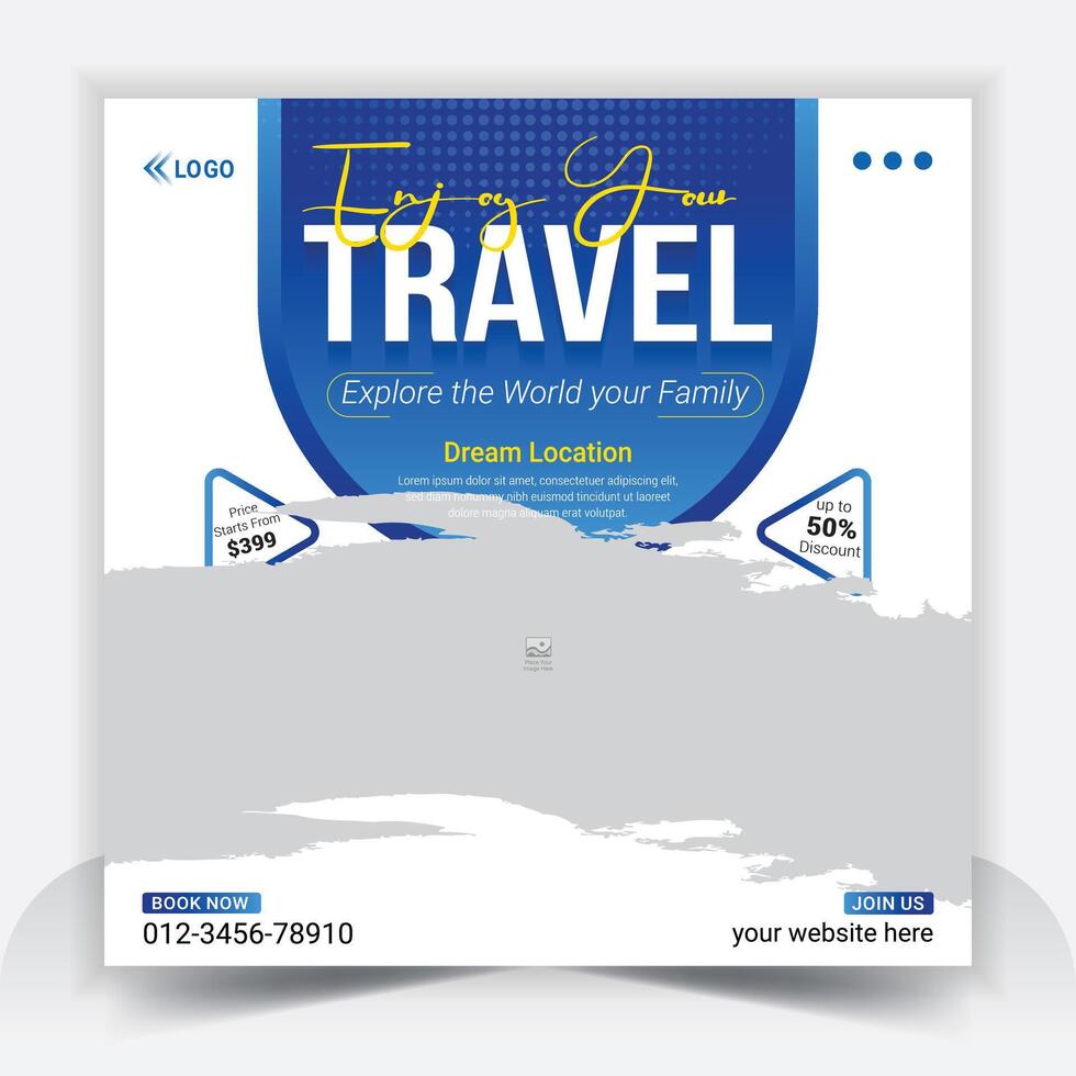 Dream vacation and tour planner agency social media banner. Holiday travel banner template with dark blue and white colors. Tour and travel social media post design vector