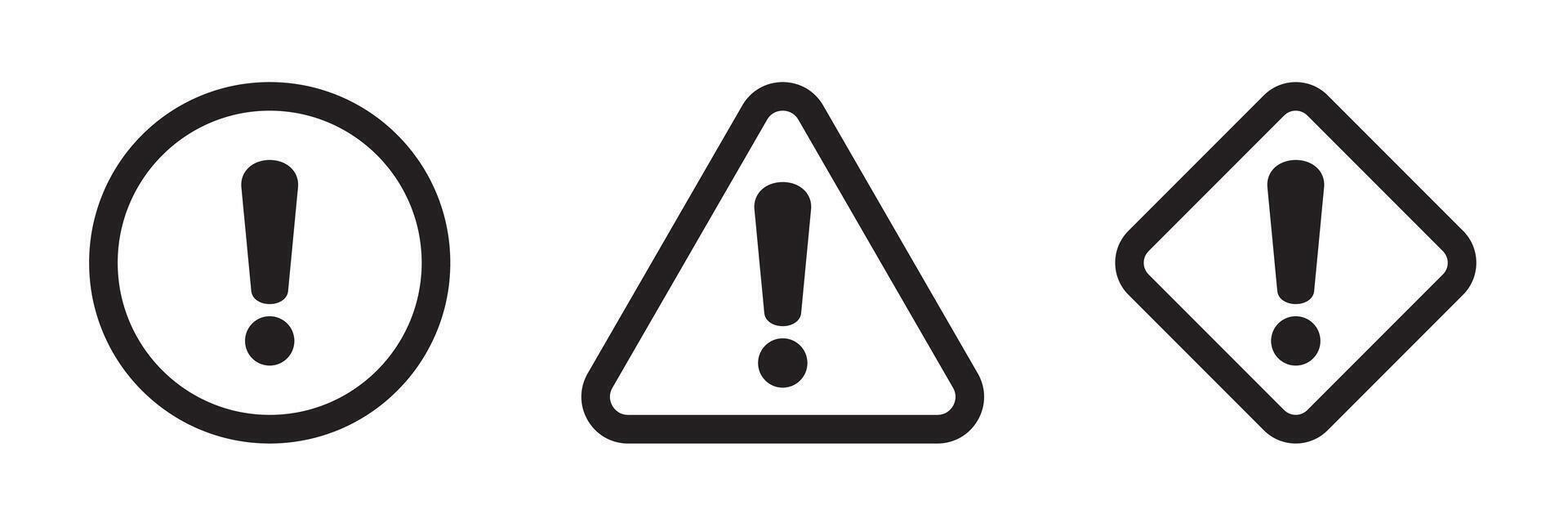Alert icon. Warning sign and symbol. Exclamation mark in triangle, circle and rombus. vector