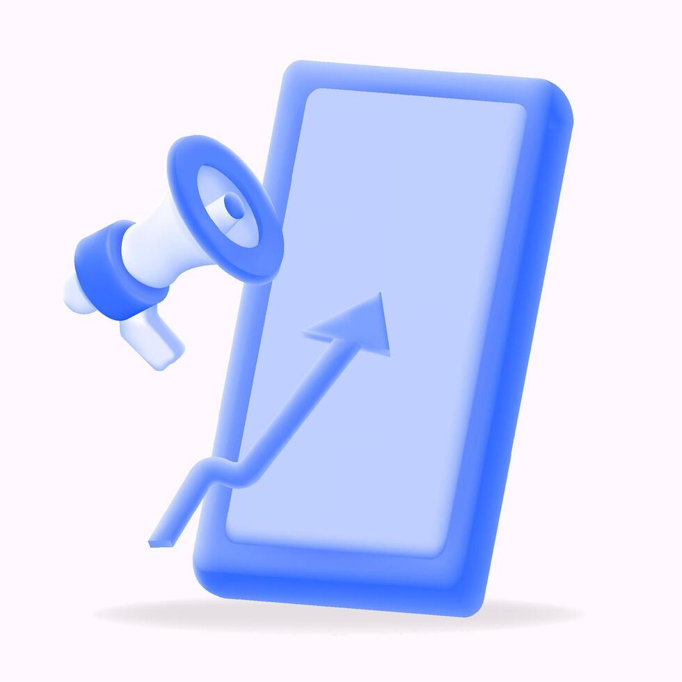 Boost your digital marketing with this icon featuring a megaphone and upward arrow on a smartphone. Perfect for advertising, social media promotions, and growth hacking strategies, 3D illustration vector