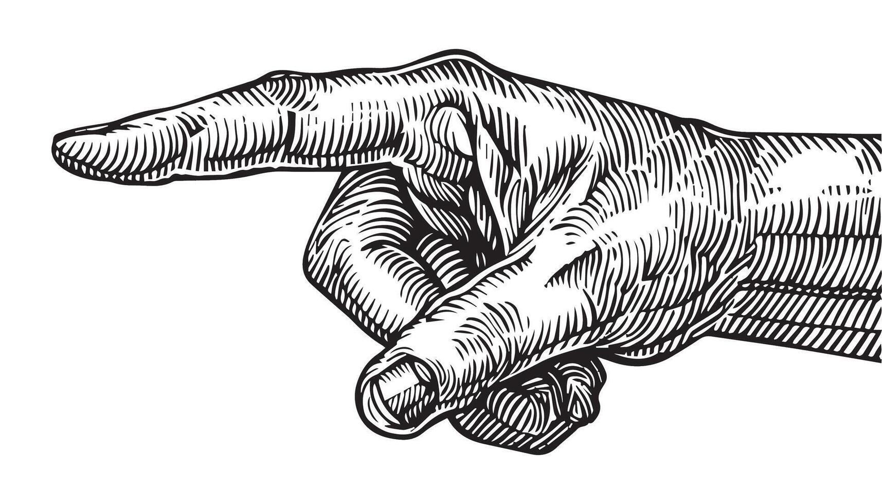 hand drawn Black and White Illustration of Pointing Hand in Vintage