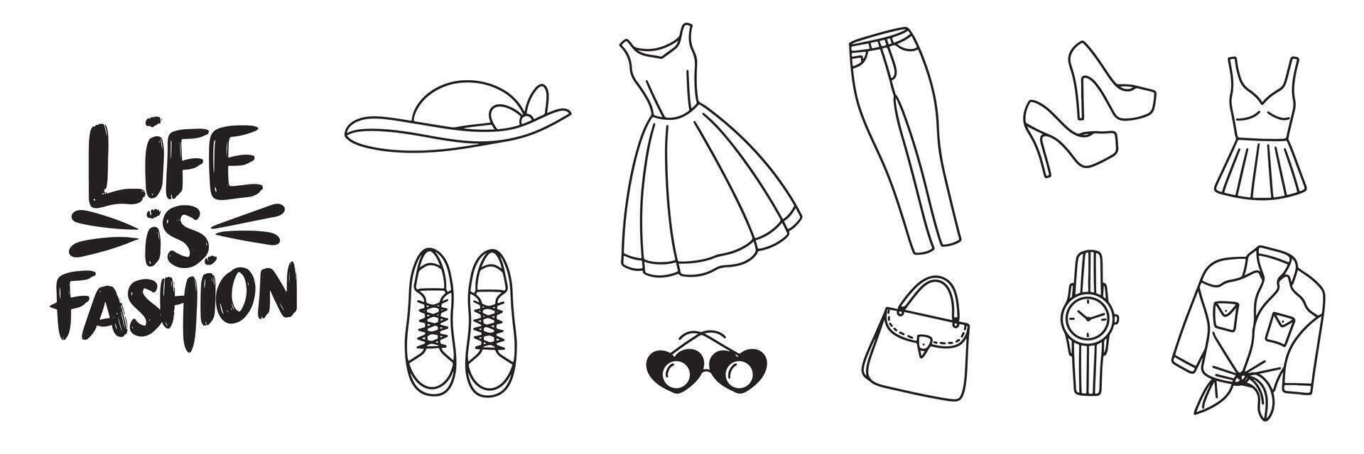 Collection of doodle Fashion icons set isolated. Hand drawn art. vector