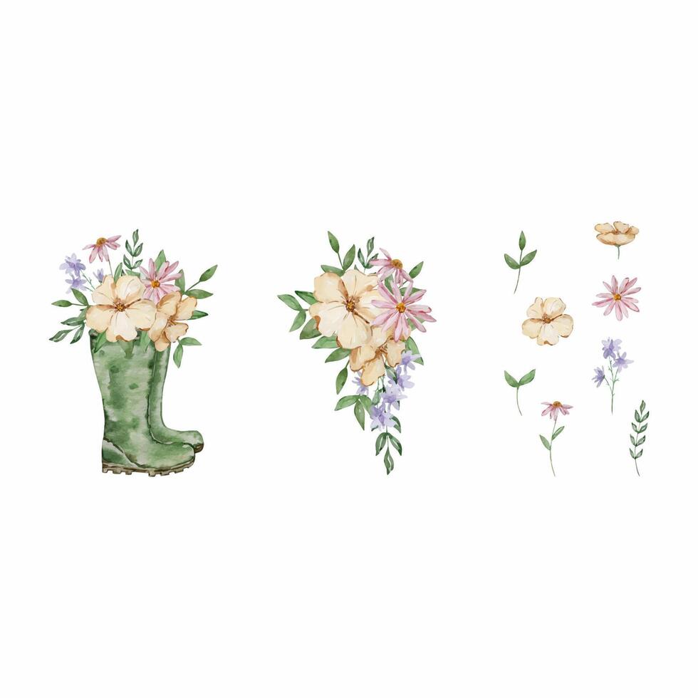 Watercolor rubber rain boots with garden flowers set vector