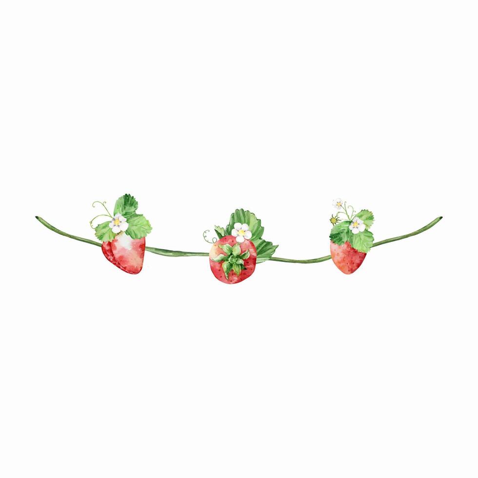 Watercolor strawberry garland with flowers, summer illustration vector