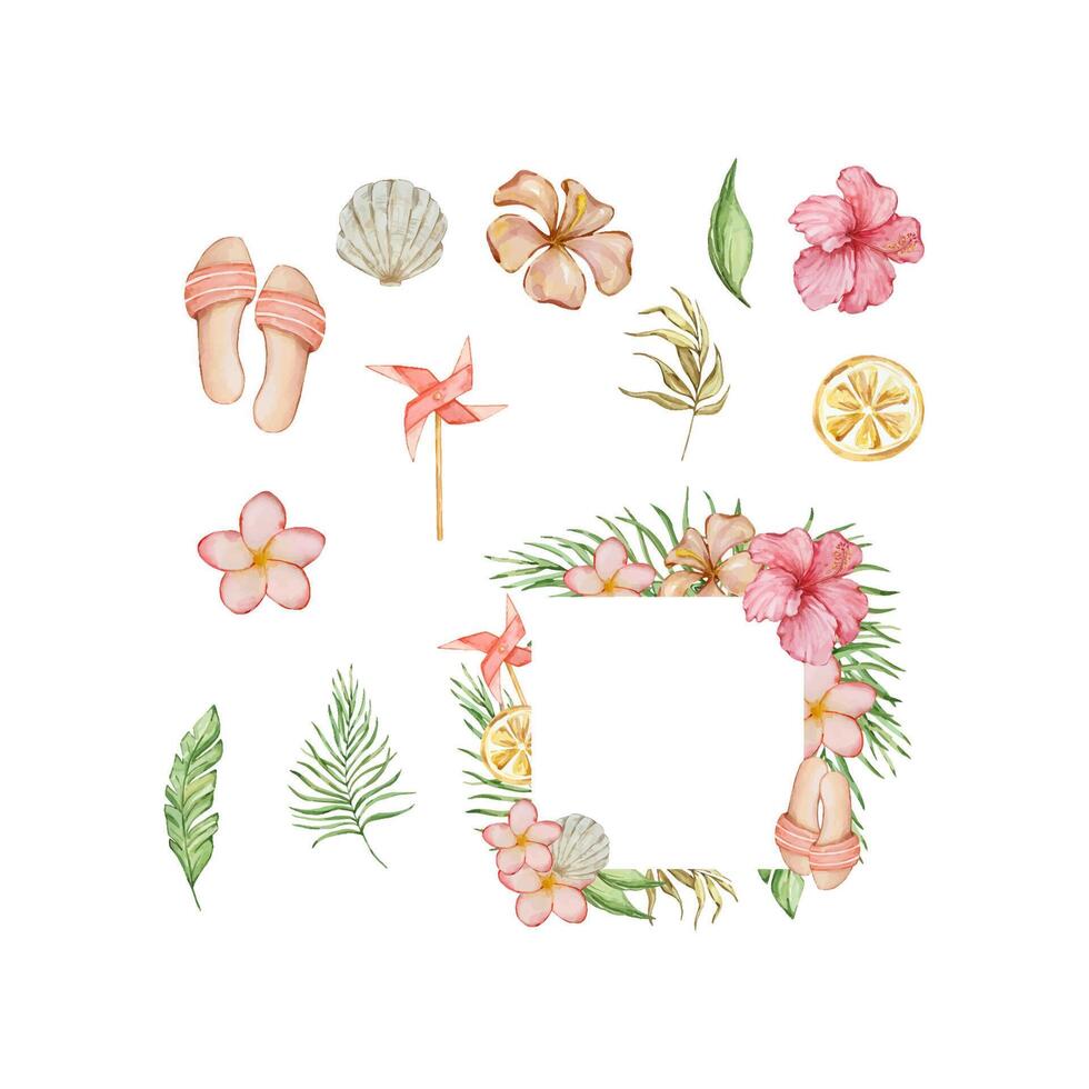 Watercolor tropical frame with flowers and leaves vector