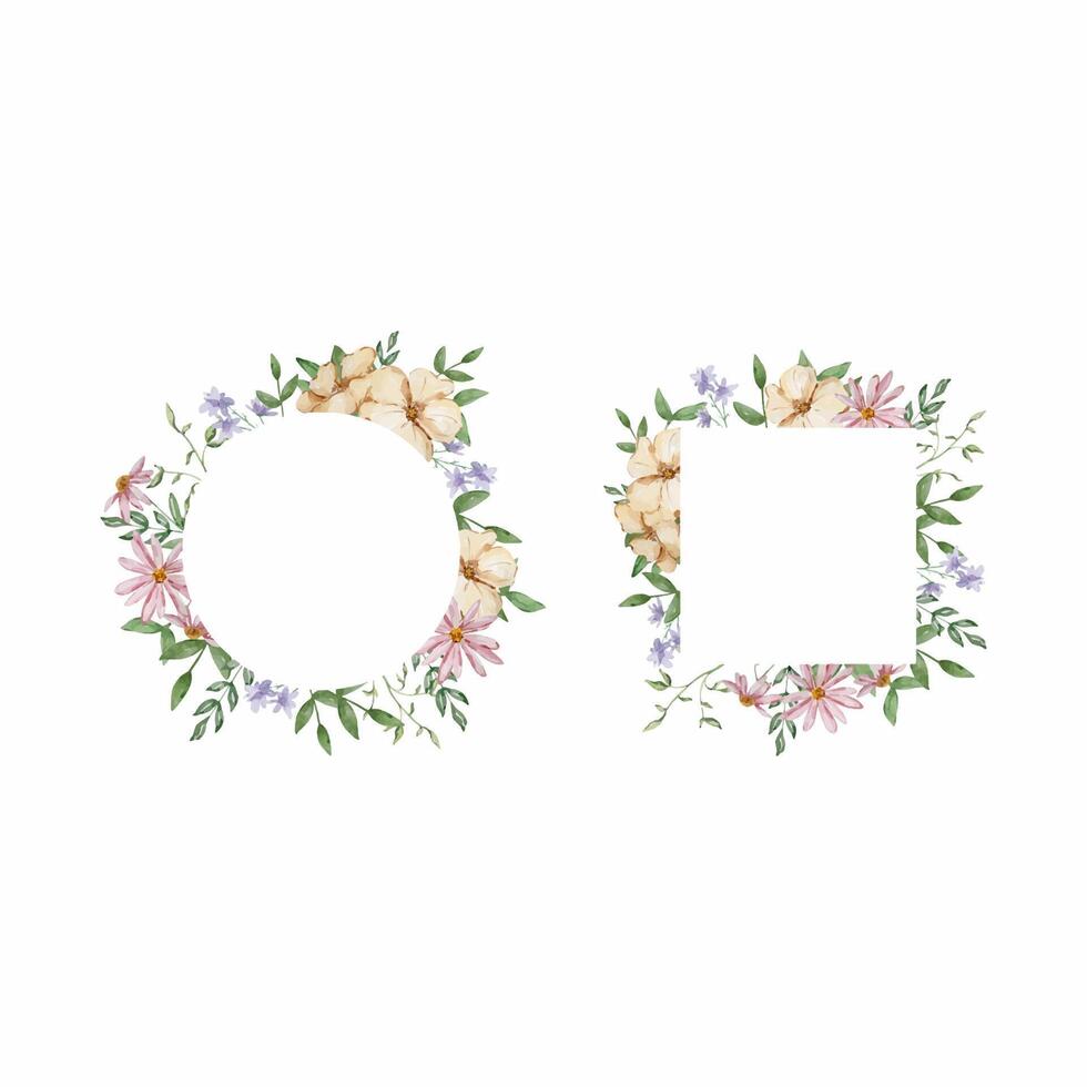 Frames with watercolor garden flowers and leaves set vector