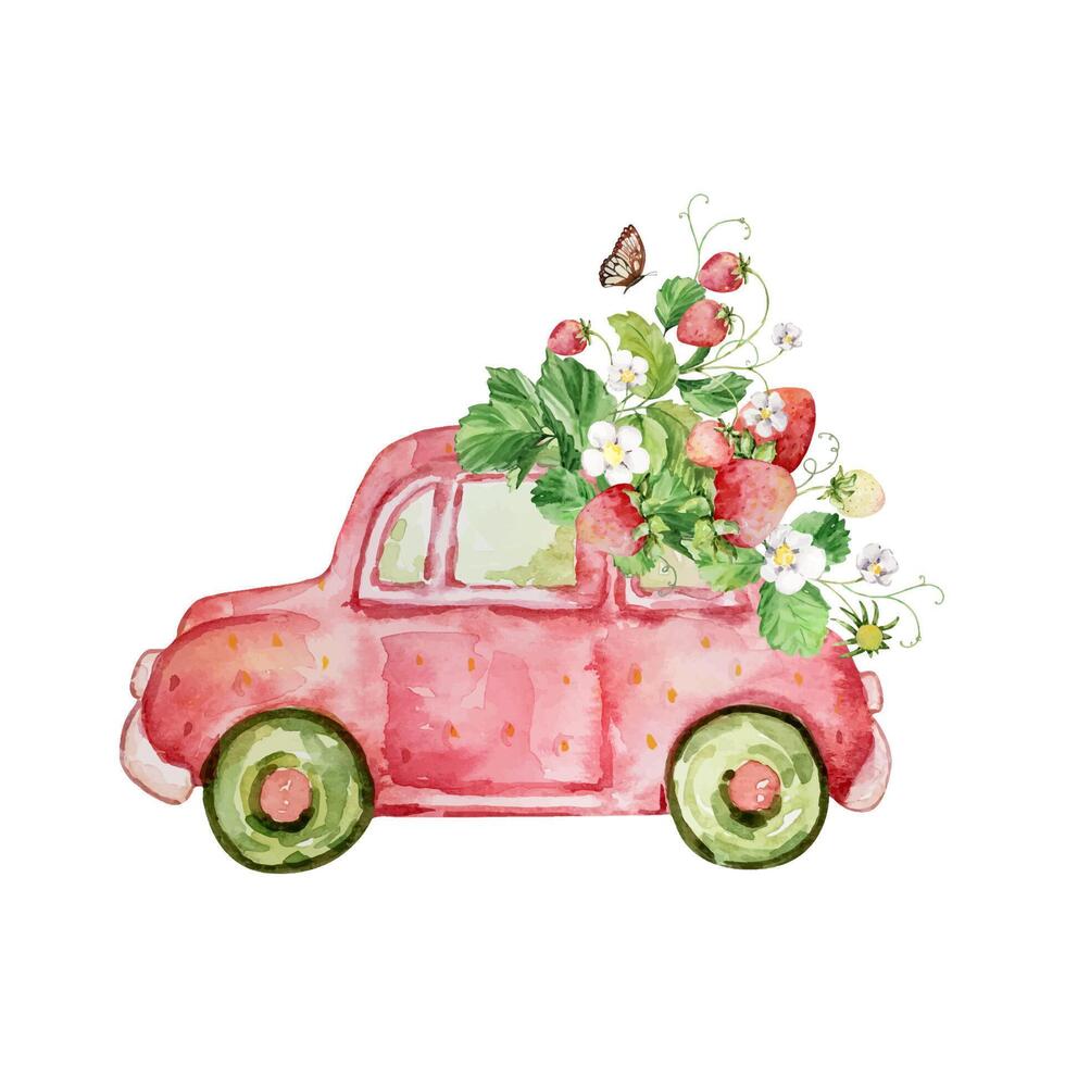Watercolor red retro car with strawberry and butterfly vector