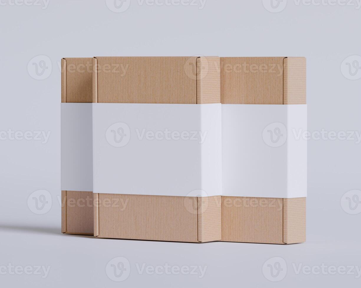 Brown cardboard boxes with a label white color isolated on gray background photo
