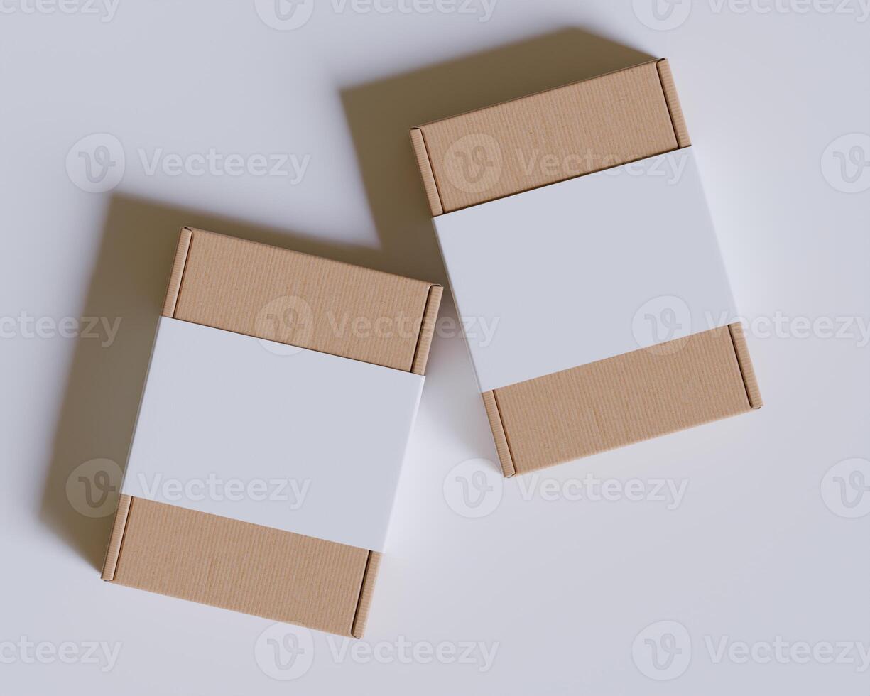 Brown cardboard boxes with a label white color isolated on gray background photo