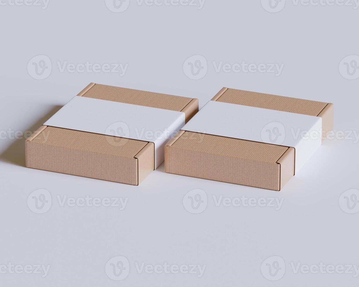 Brown cardboard boxes with a label white color isolated on gray background photo