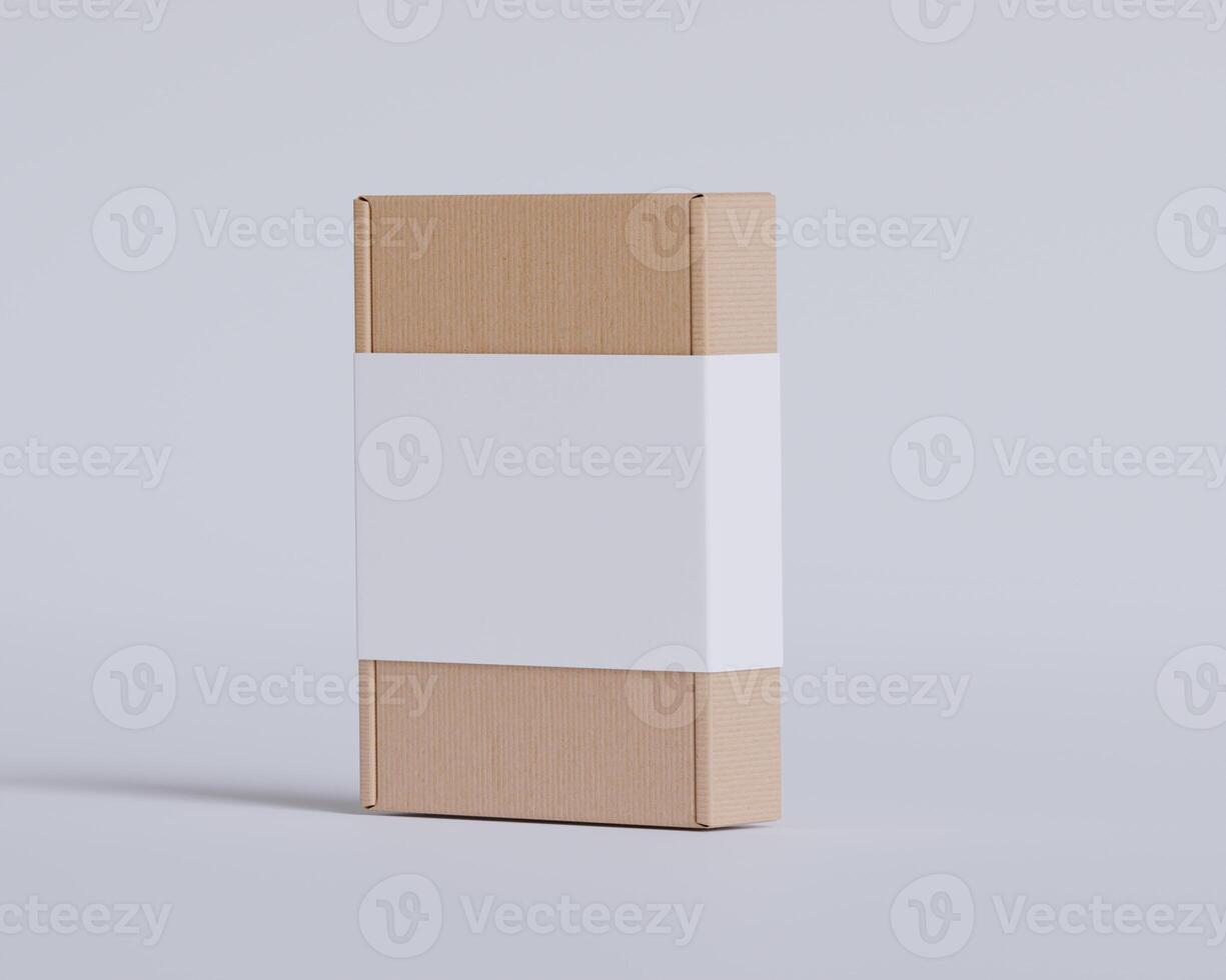 Brown cardboard boxes with a label white color isolated on gray background photo