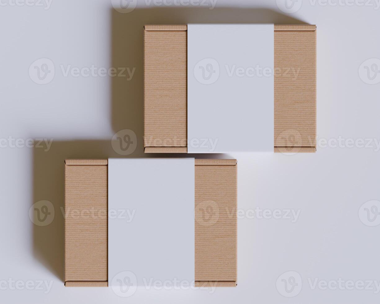 Brown cardboard boxes with a label white color isolated on gray background photo