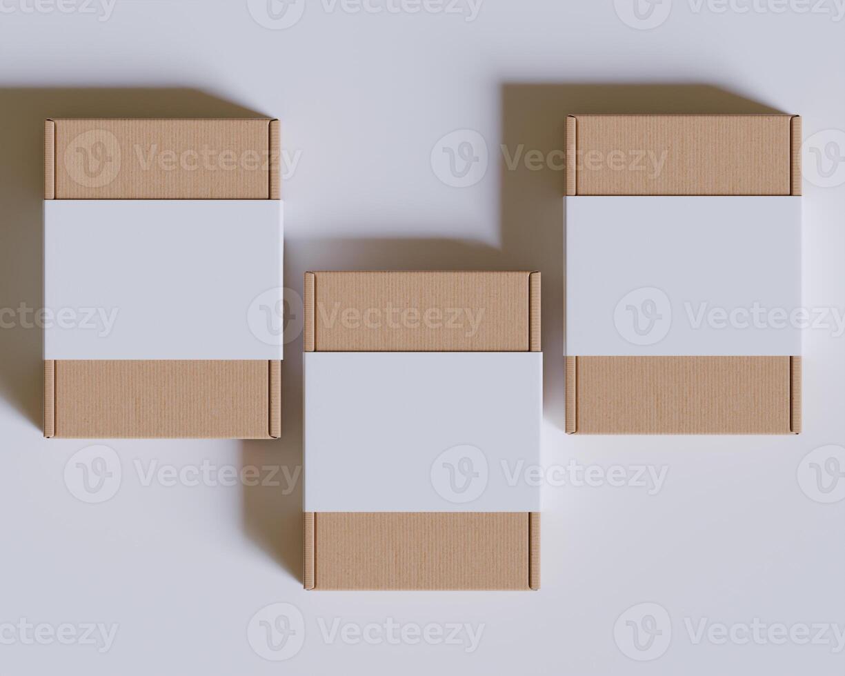 Brown cardboard boxes with a label white color isolated on gray background photo