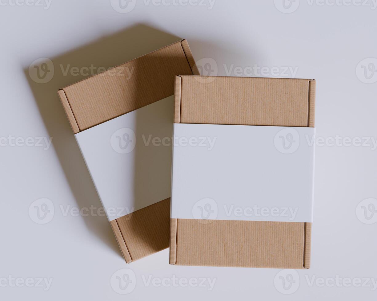 Brown cardboard boxes with a label white color isolated on gray background photo