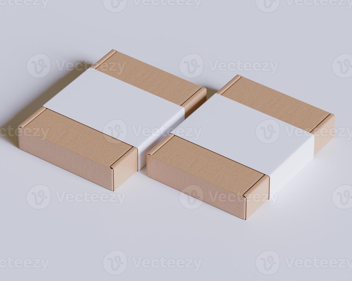 Brown cardboard boxes with a label white color isolated on gray background photo