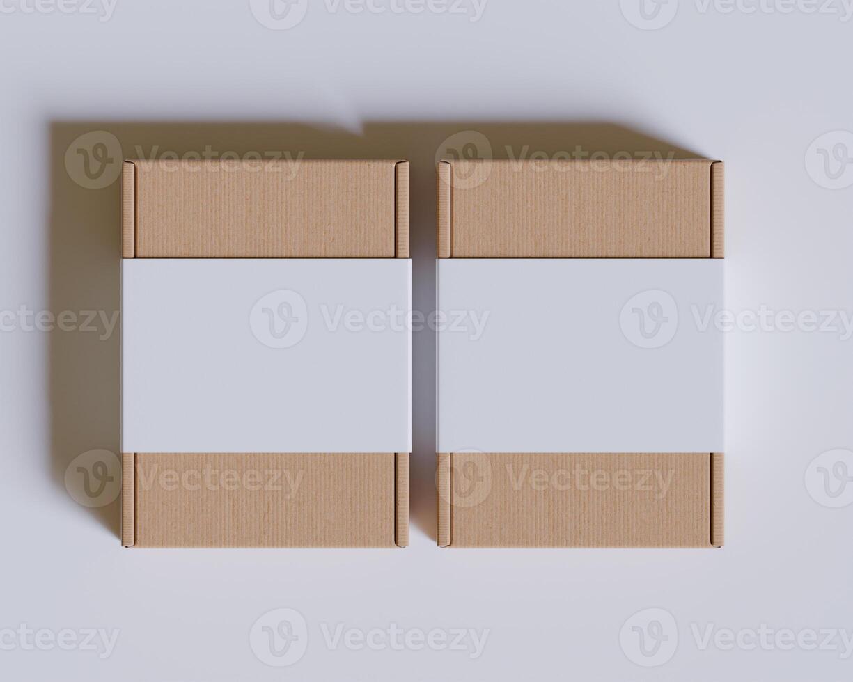 Brown cardboard boxes with a label white color isolated on gray background photo