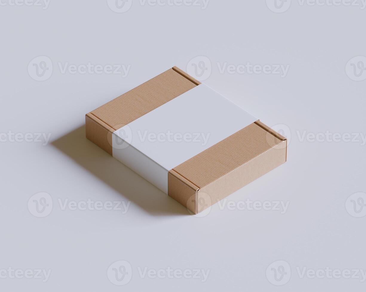 Brown cardboard boxes with a label white color isolated on gray background photo