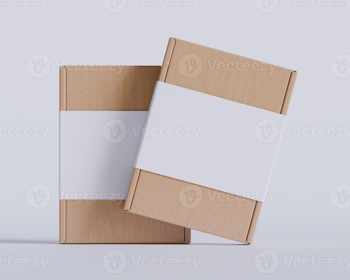 Brown cardboard boxes with a label white color isolated on gray background photo