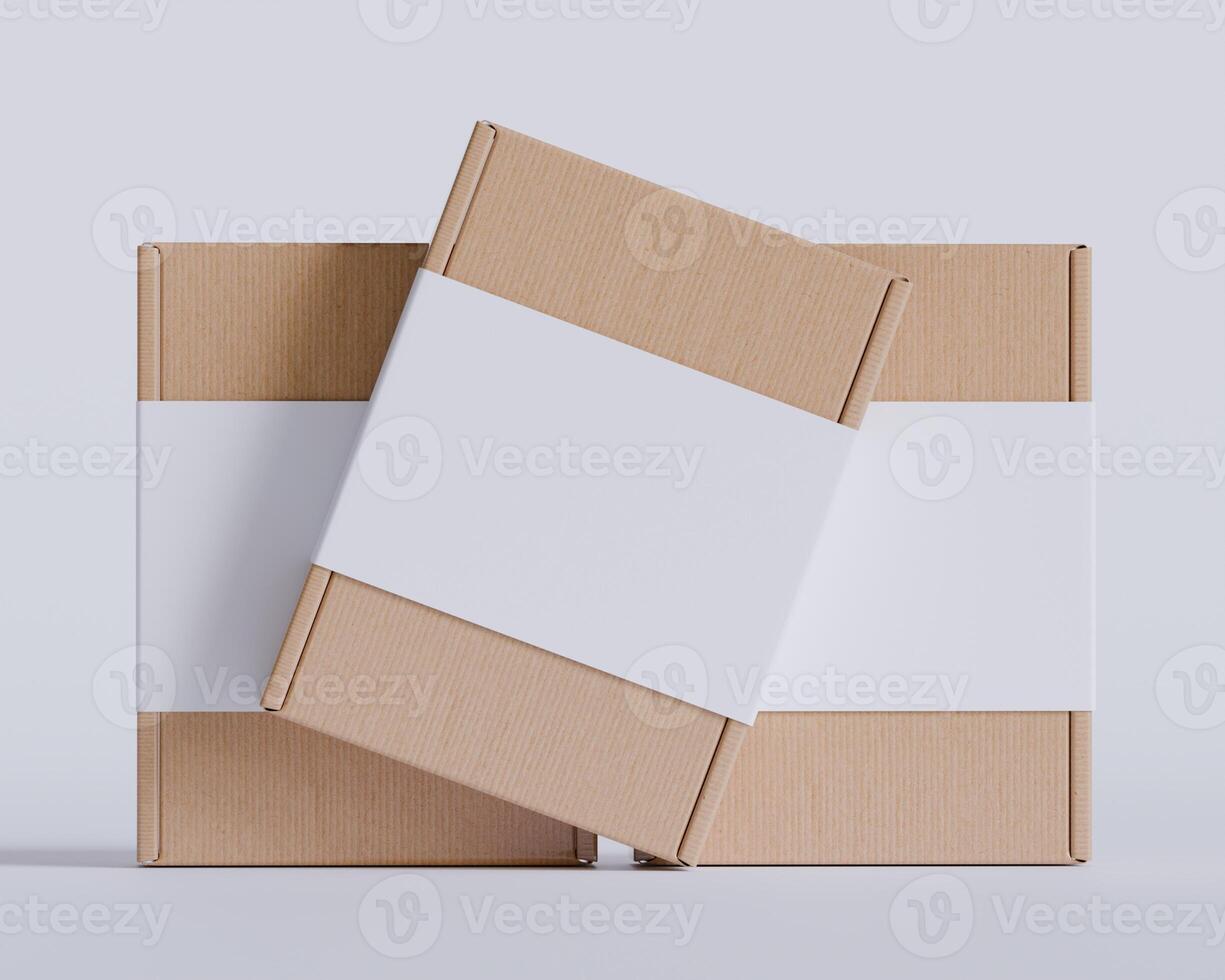 Brown cardboard boxes with a label white color isolated on gray background photo