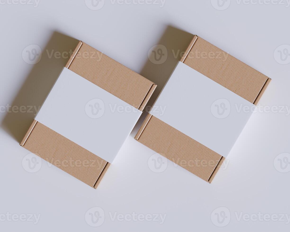 Brown cardboard boxes with a label white color isolated on gray background photo