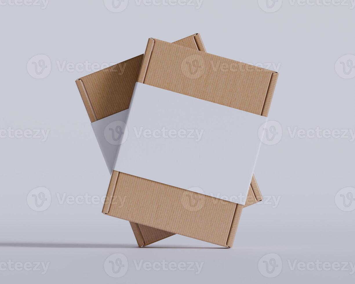 Brown cardboard boxes with a label white color isolated on gray background photo