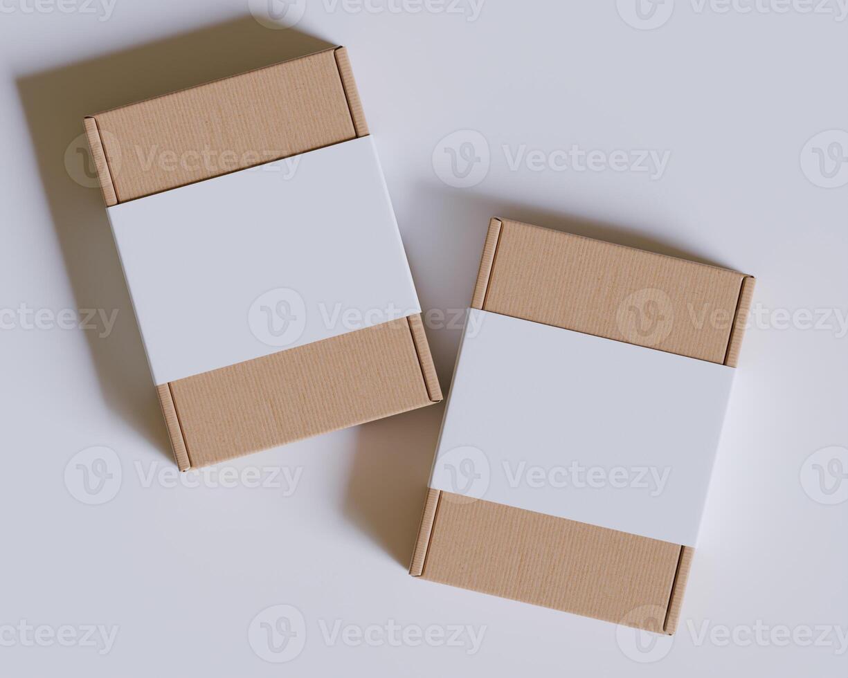 Brown cardboard boxes with a label white color isolated on gray background photo