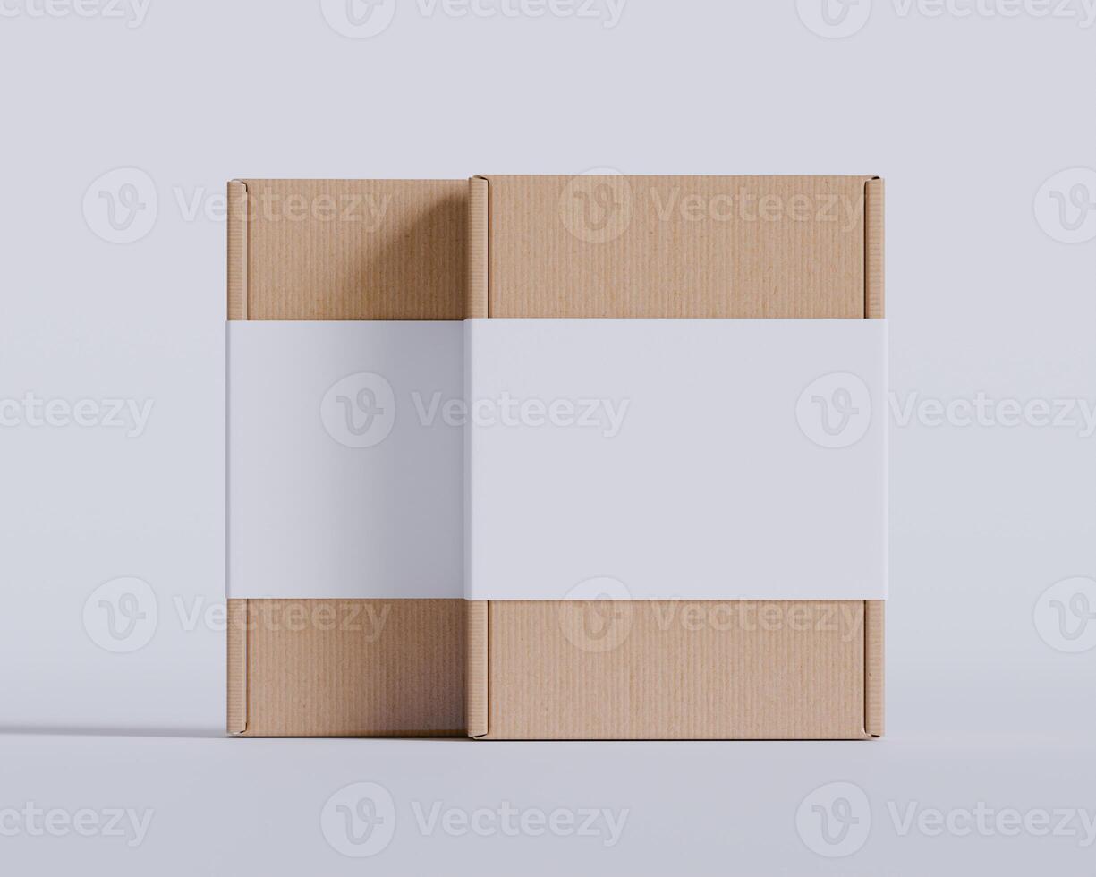 Brown cardboard boxes with a label white color isolated on gray background photo