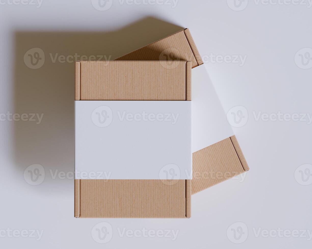 Brown cardboard boxes with a label white color isolated on gray background photo