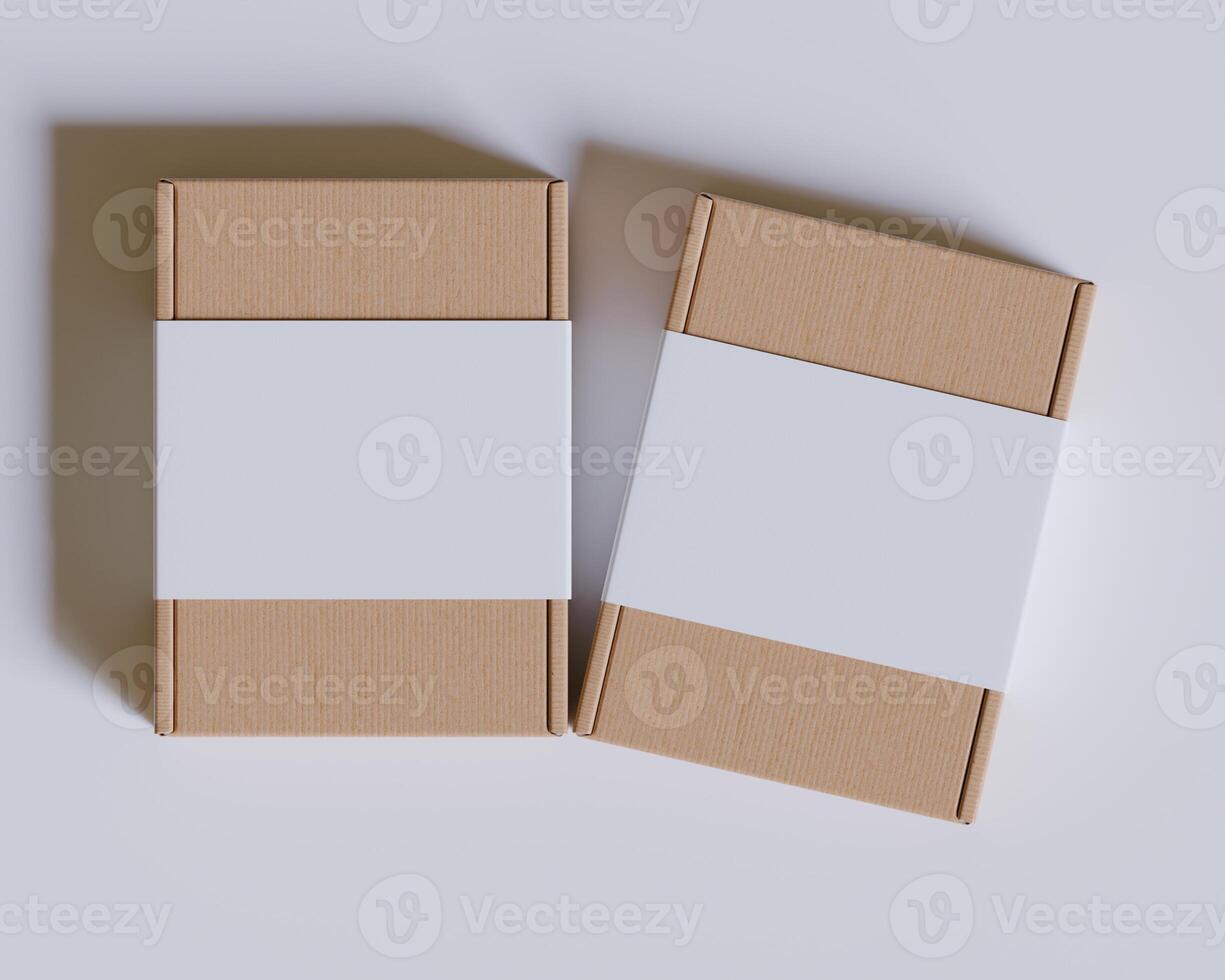 Brown cardboard boxes with a label white color isolated on gray background photo