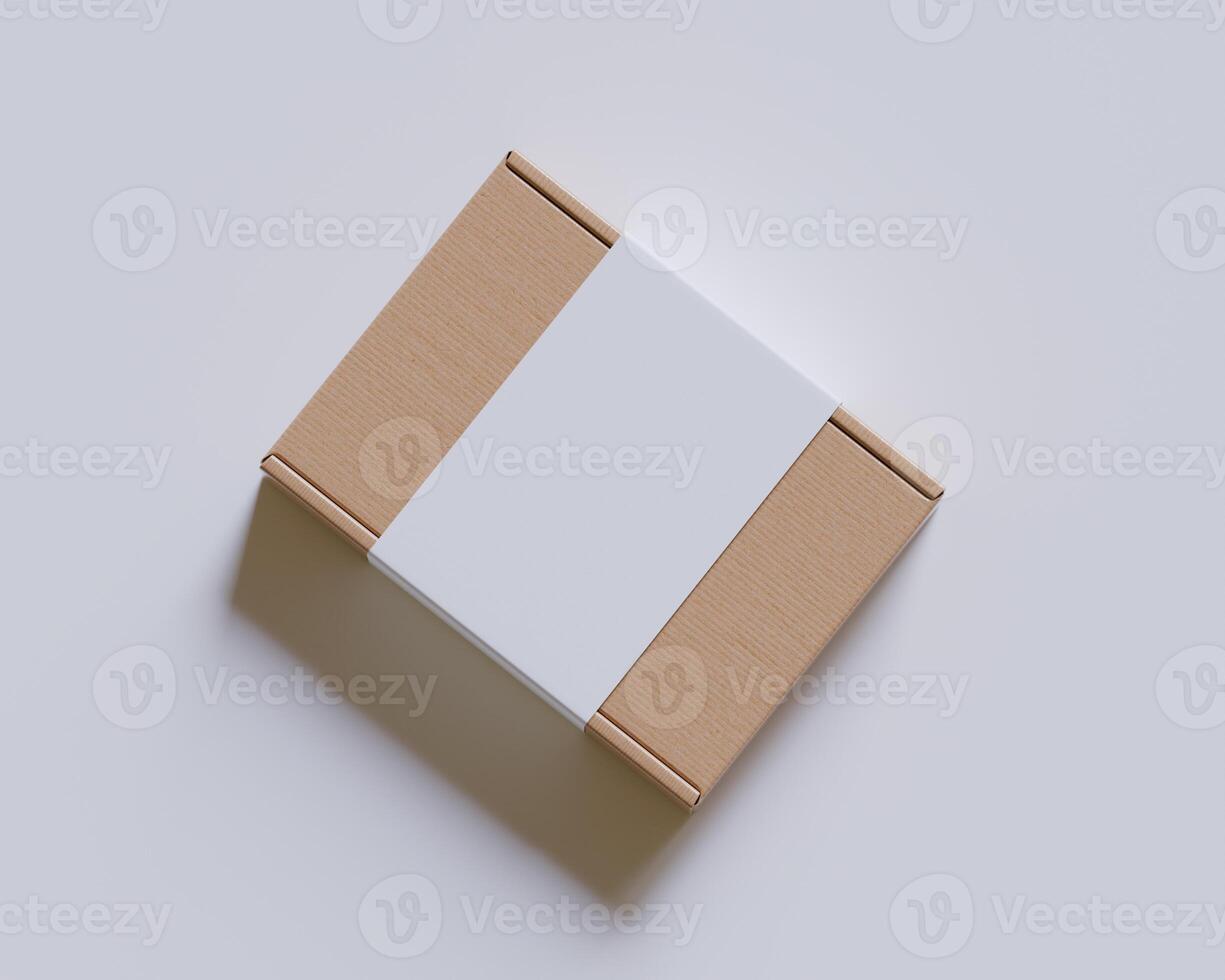 Brown cardboard boxes with a label white color isolated on gray background photo