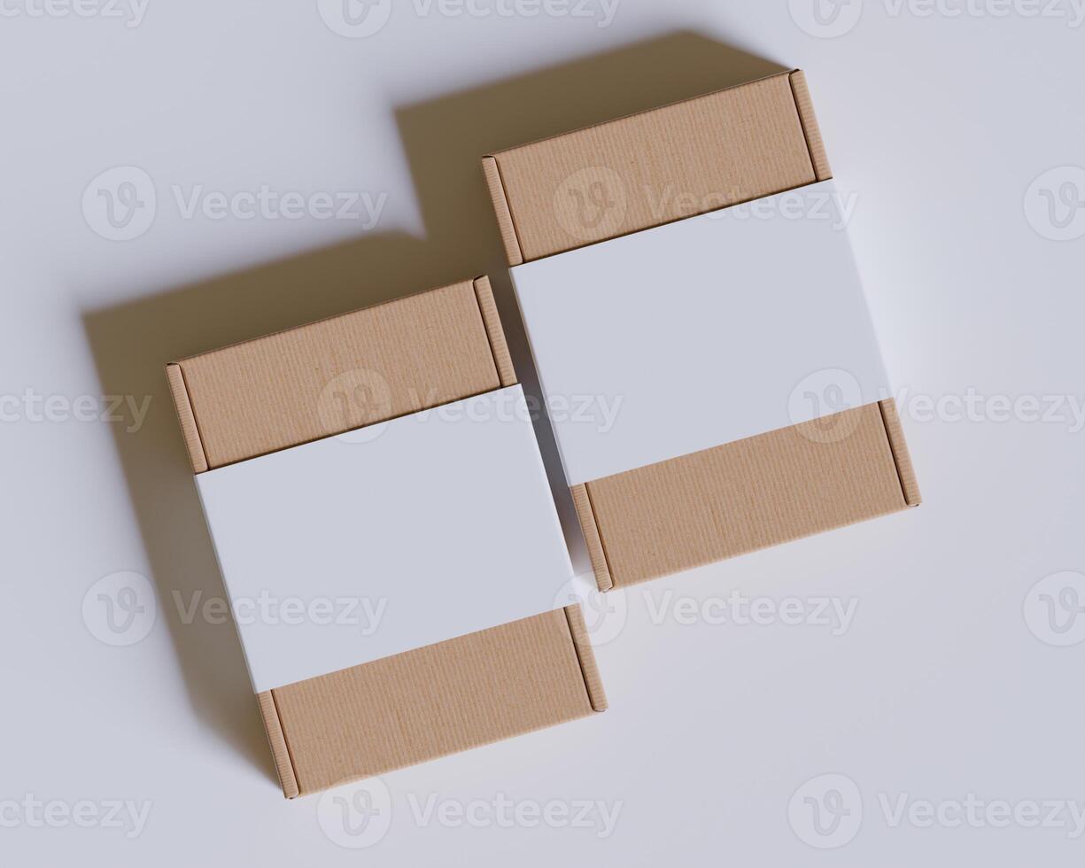 Brown cardboard boxes with a label white color isolated on gray background photo