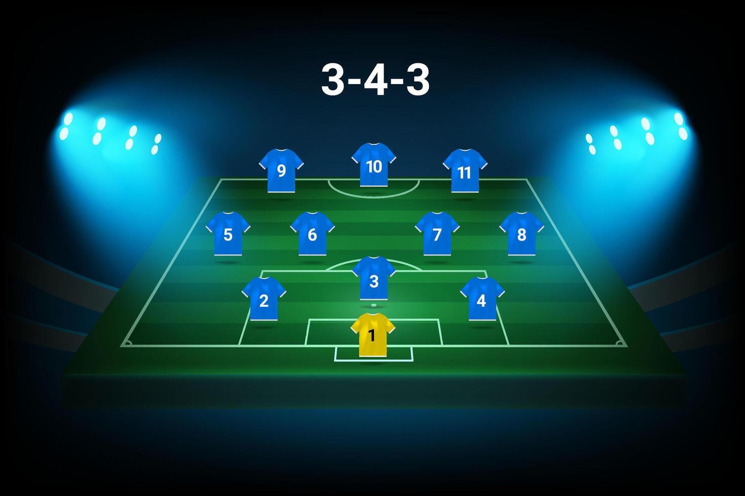3-4-3 football team formation template. Soccer players with numbers. template vector