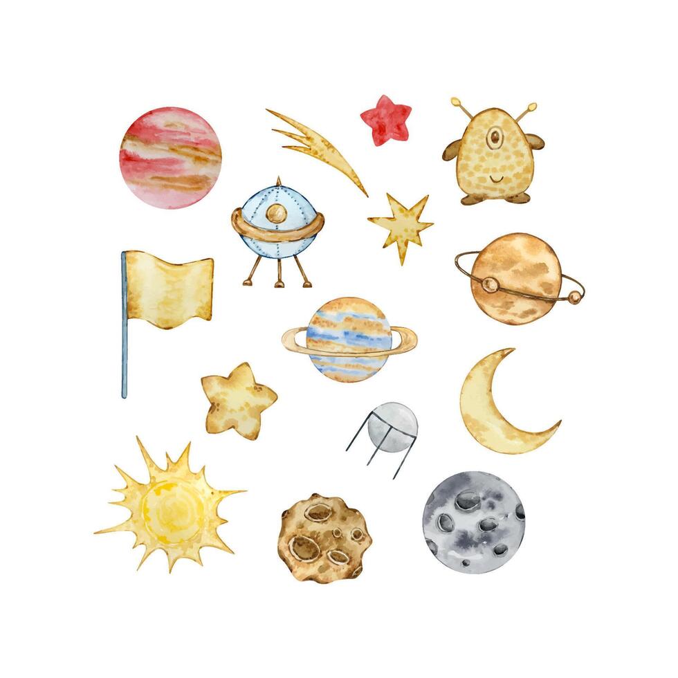Watercolor space set, cosmos vector