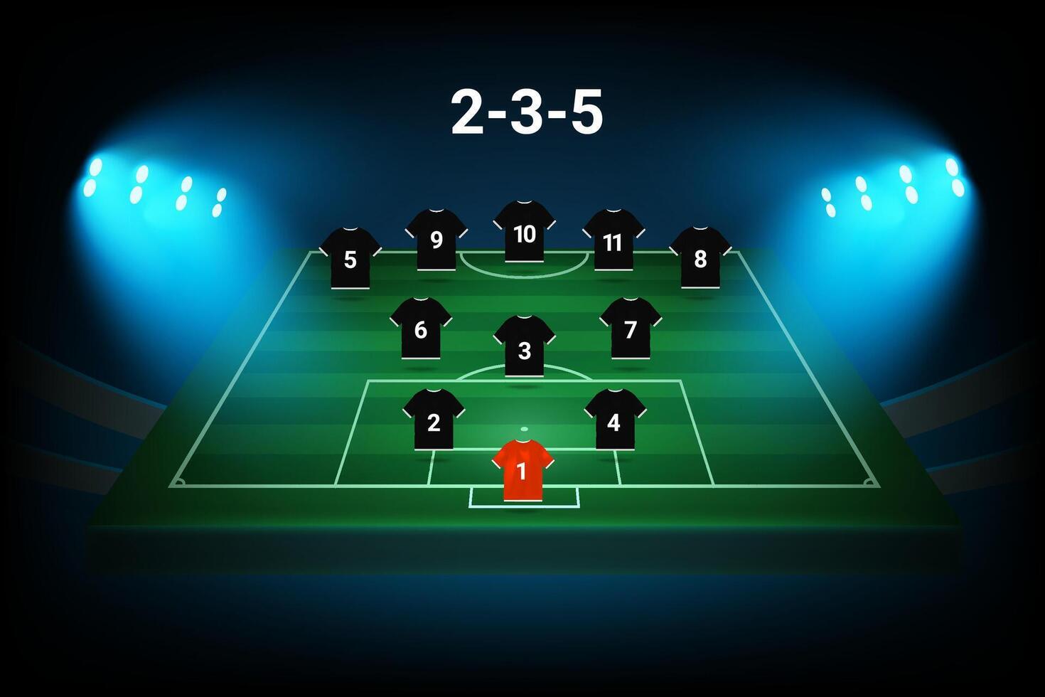 2-5-3 football team formation template. Soccer players with numbers. template vector
