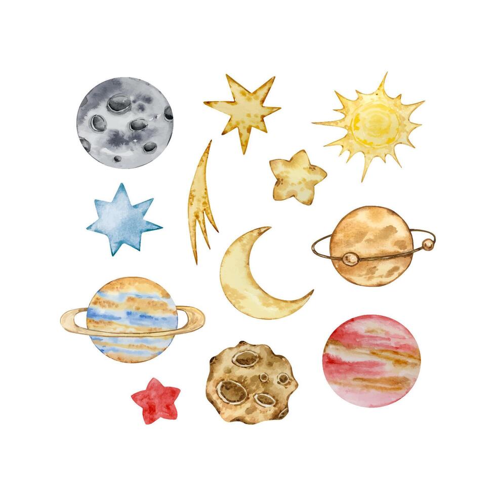 Watercolor space set, cosmos vector
