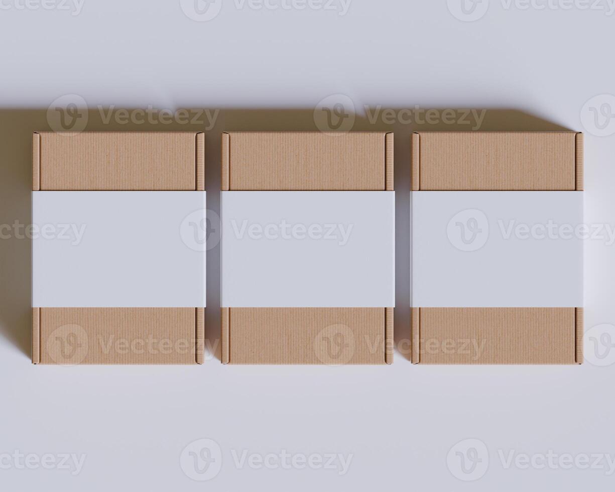 Brown cardboard boxes with a label white color isolated on gray background photo