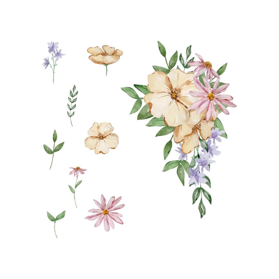 Watercolor simple garden flowers bouquet vector