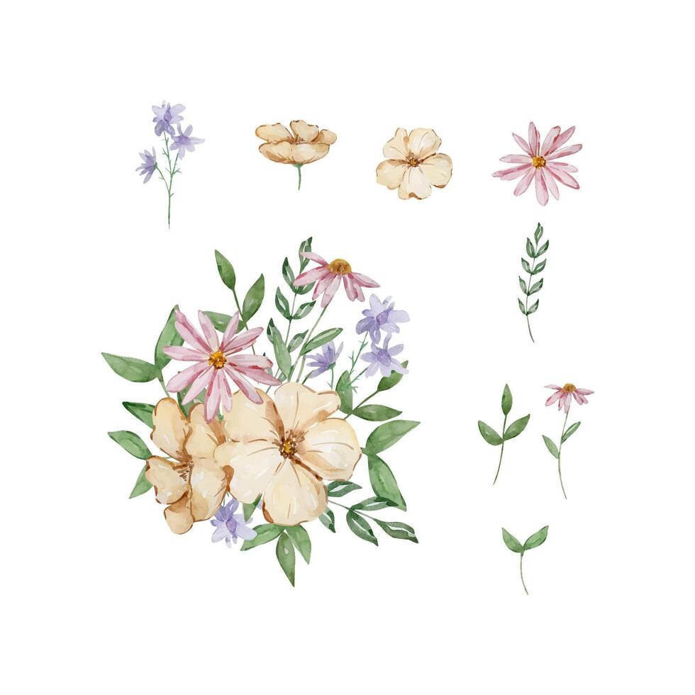 Watercolor simple garden flowers bouquet vector