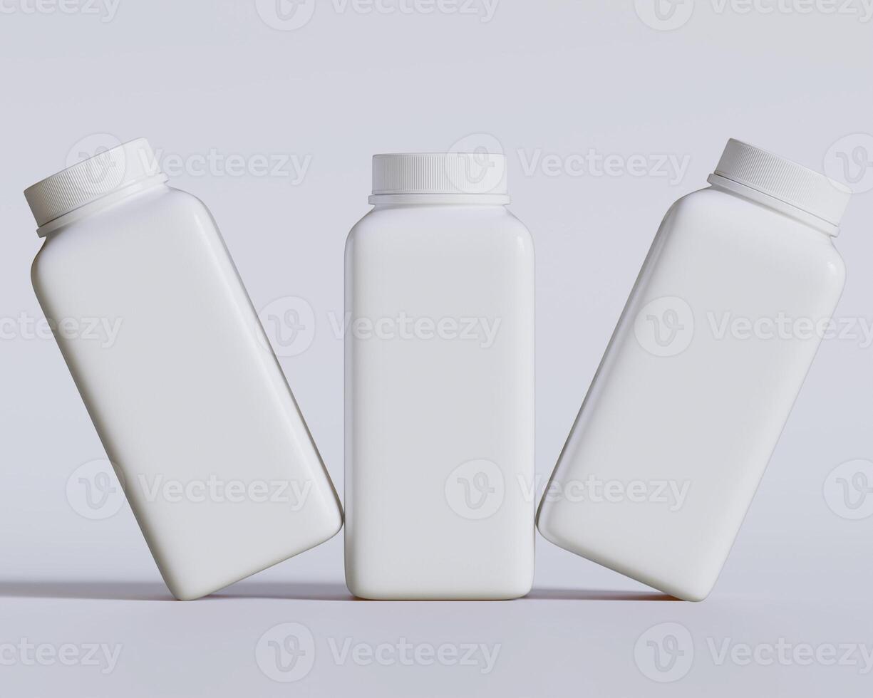 Empty square bottle white color on gray background 3D render illustration photo