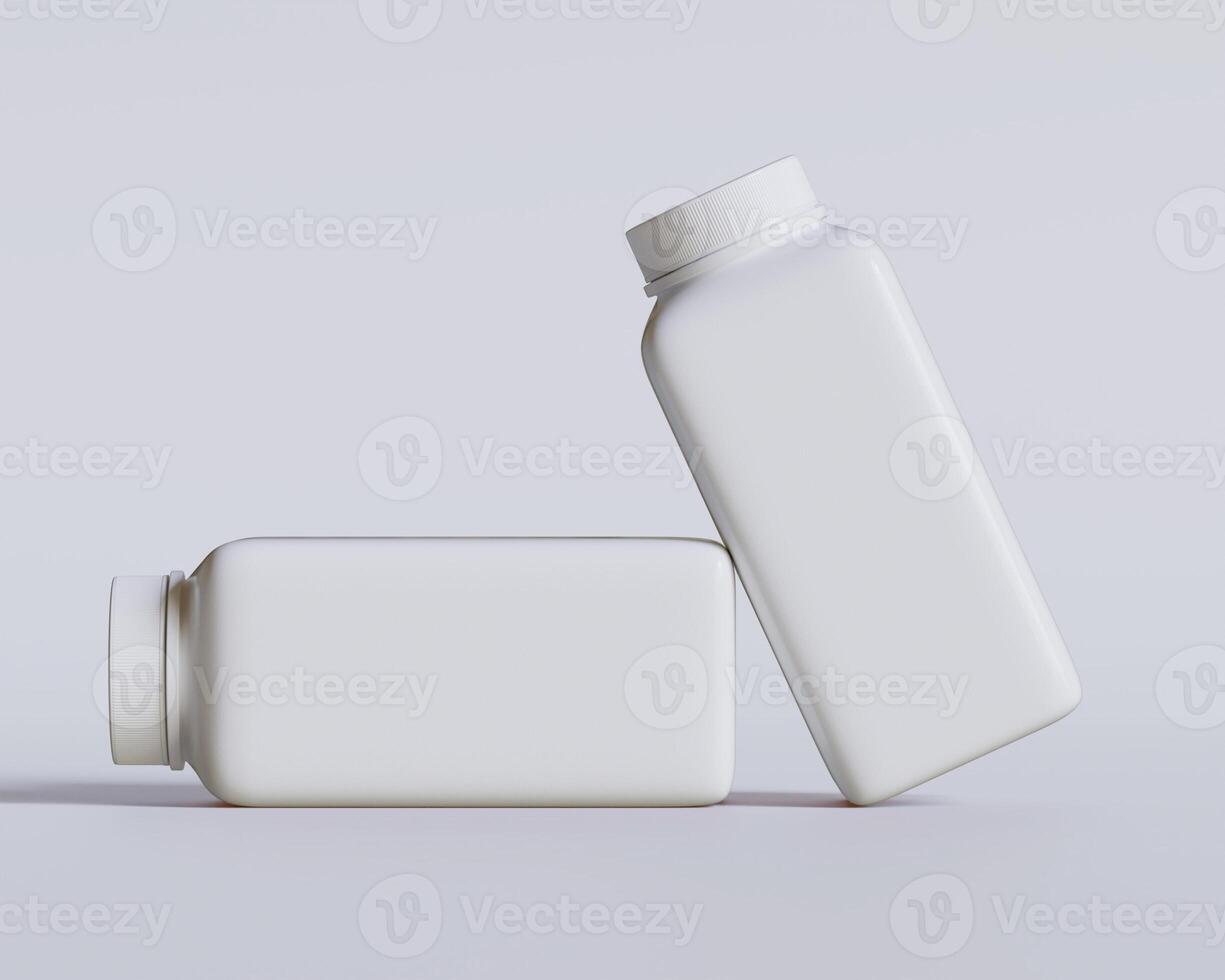 Empty square bottle white color on gray background 3D render illustration photo