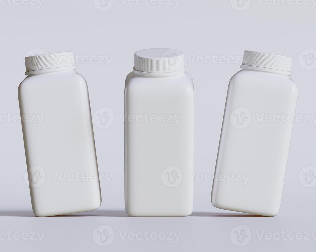 Empty square bottle white color on gray background 3D render illustration photo