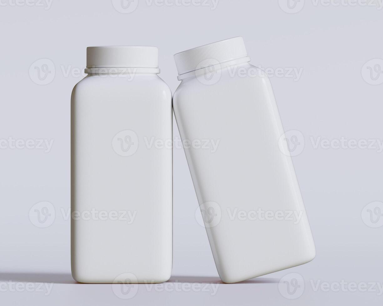 Empty square bottle white color on gray background 3D render illustration photo