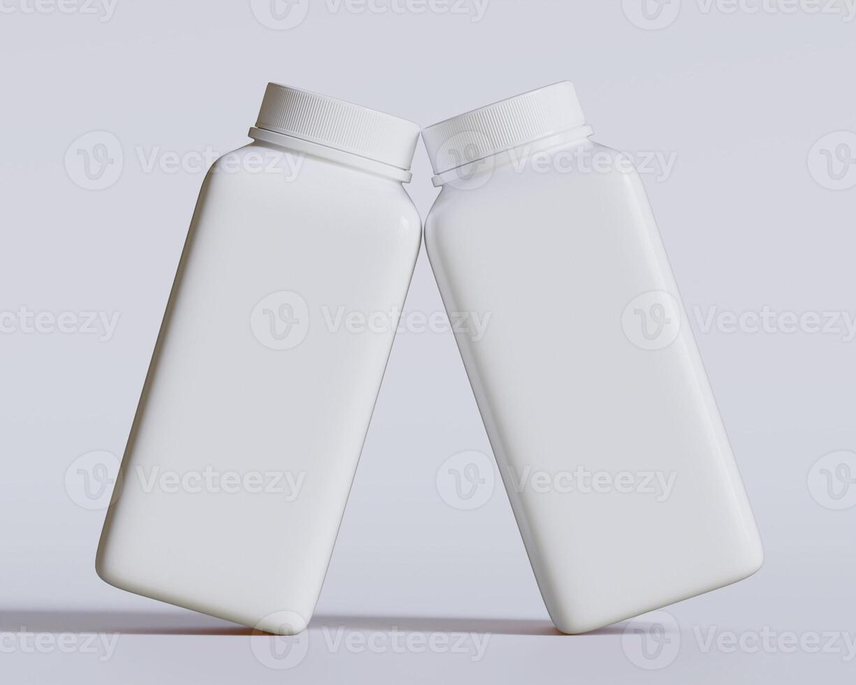 Empty square bottle white color on gray background 3D render illustration photo