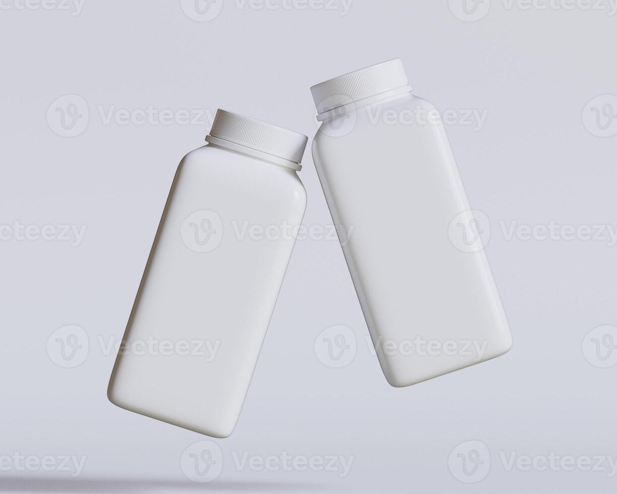 Empty square bottle white color on gray background 3D render illustration photo