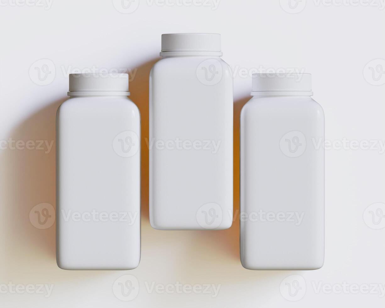 Empty square bottle white color on gray background 3D render illustration photo