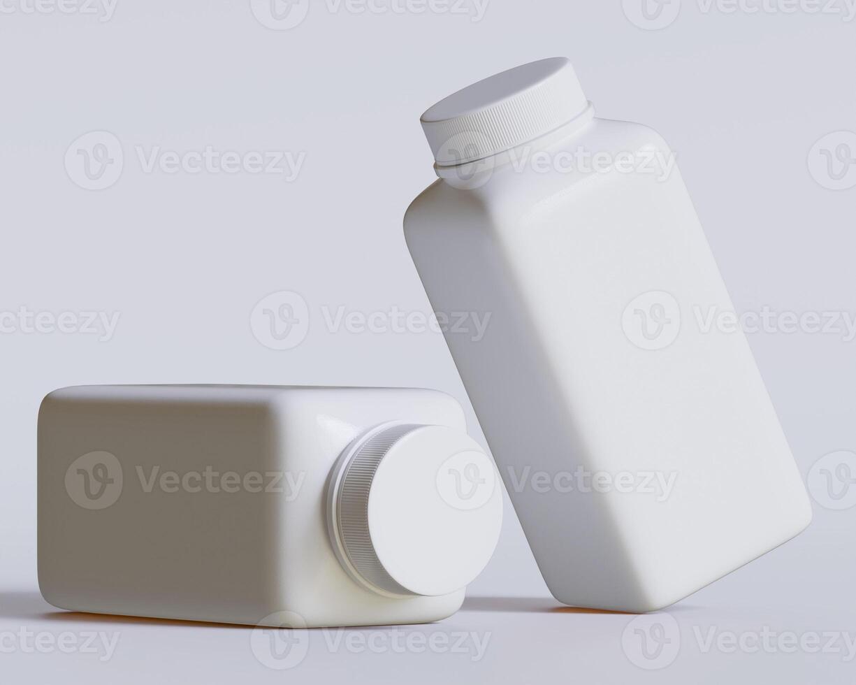 Empty square bottle white color on gray background 3D render illustration photo