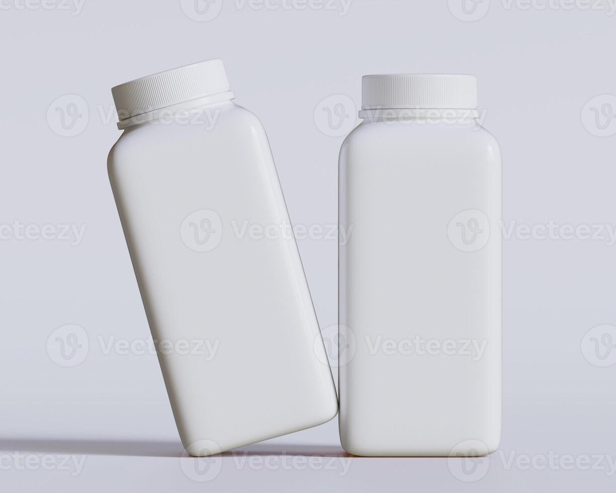Empty square bottle white color on gray background 3D render illustration photo