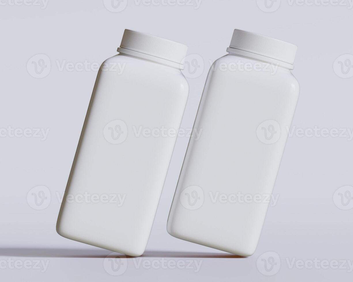 Empty square bottle white color on gray background 3D render illustration photo