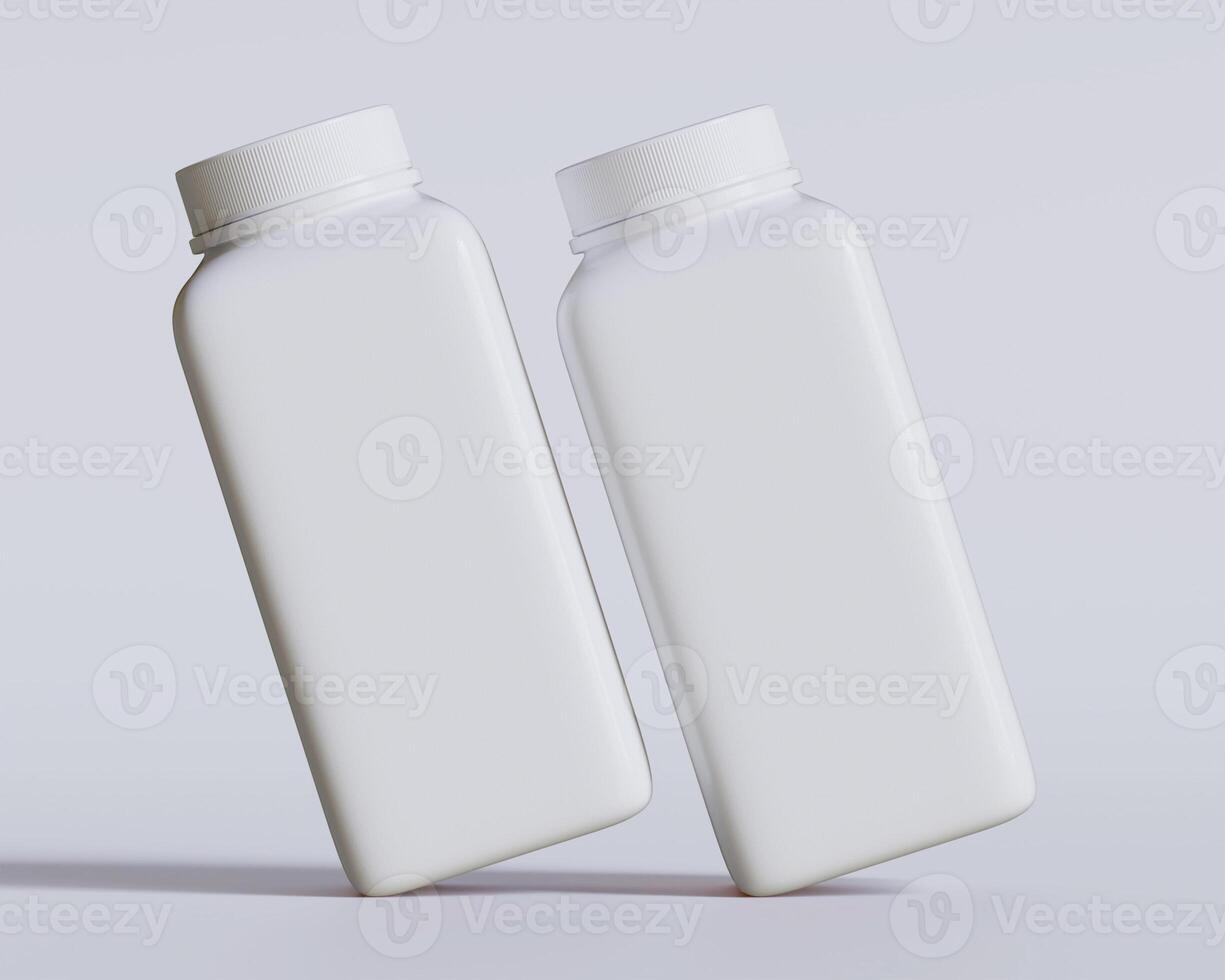 Empty square bottle white color on gray background 3D render illustration photo